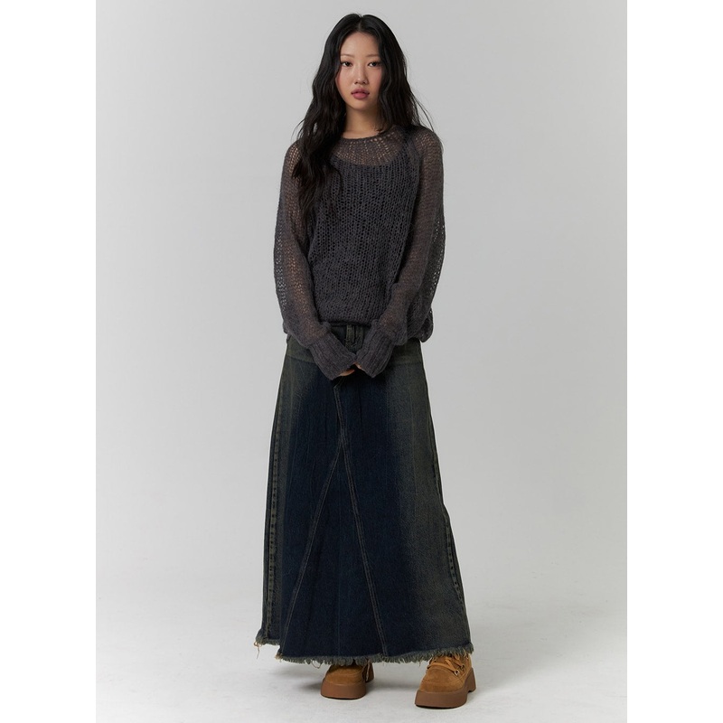 Washed Denim Maxi Skirt CD318|Dark blue|S|M|L