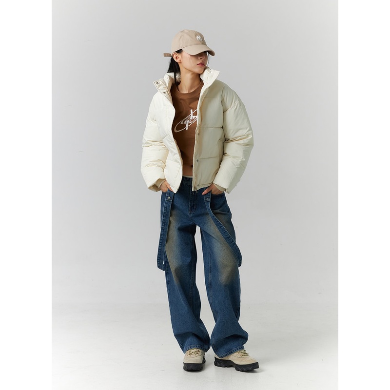 Washed Wide Leg Strap Jeans ID306
