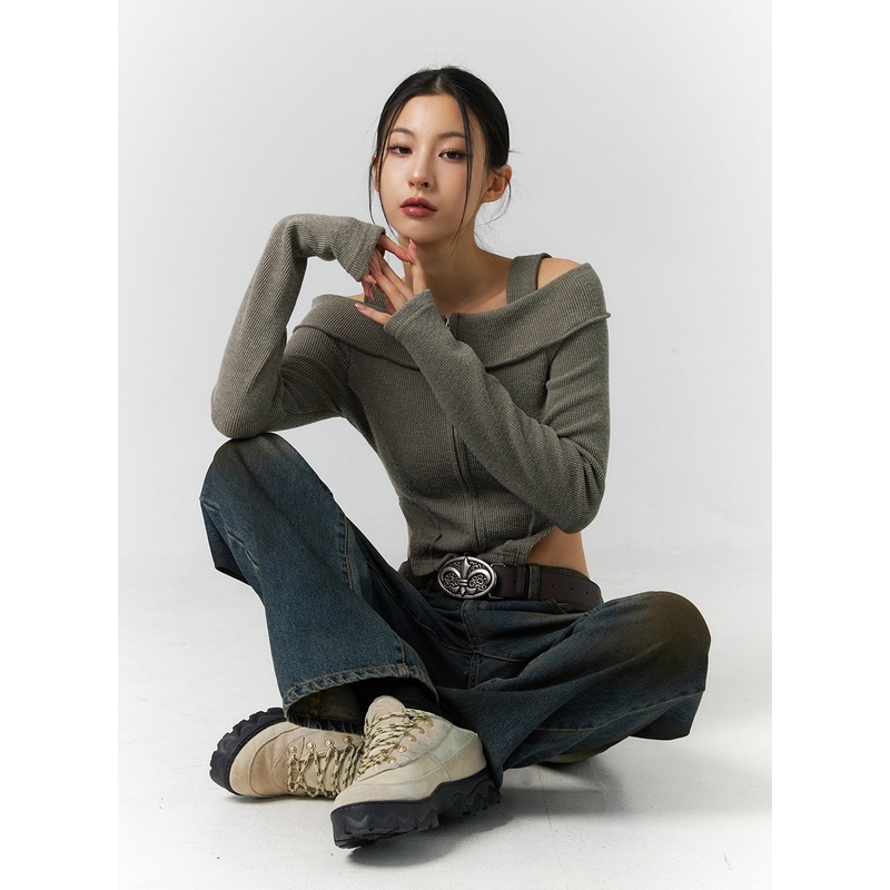 Zip Cut Out Off Shoulder Crop Sweater ID306