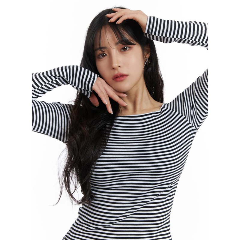 Boat Neck Stripe Tee OJ431|Black|Gray|S/M