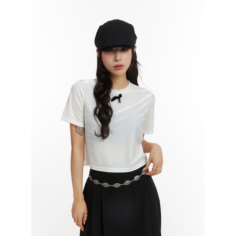 Bowknot Cropped Tee CJ417|Light beige|Black|S/M
