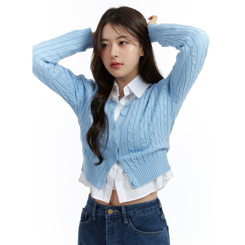 Cable Knit Buttoned Crop Cardigan OJ416