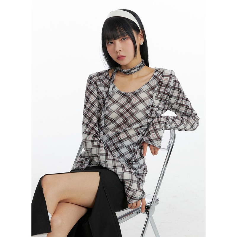 Check U-Neck Tee with Scarf IF402