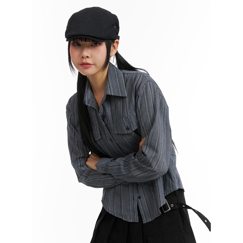 Collar Stripe Button Long Sleeve Shirt CJ411