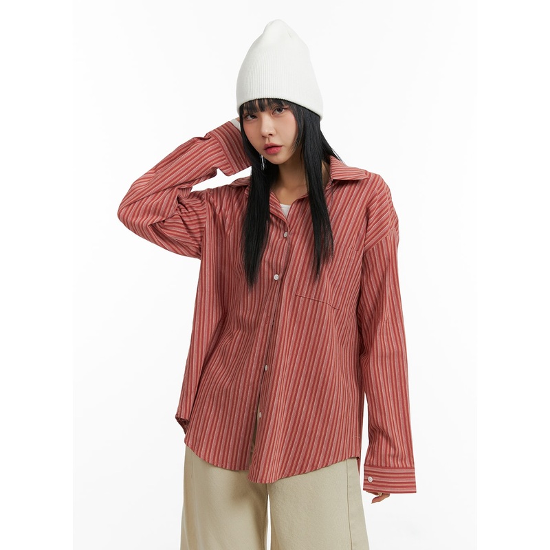 Collar Striped Button Long Sleeve Blouse CJ411