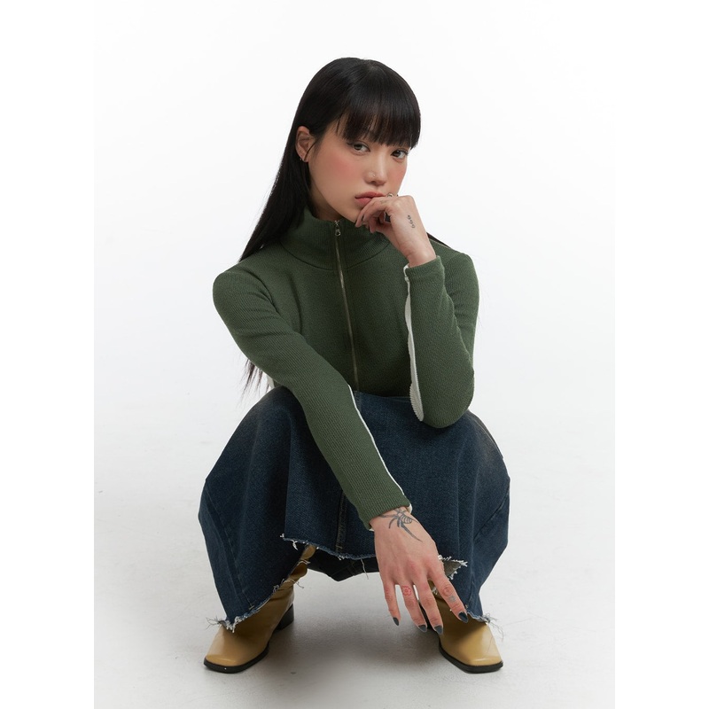 Contrasting High Neck Solid Zipper Cardigan IJ411