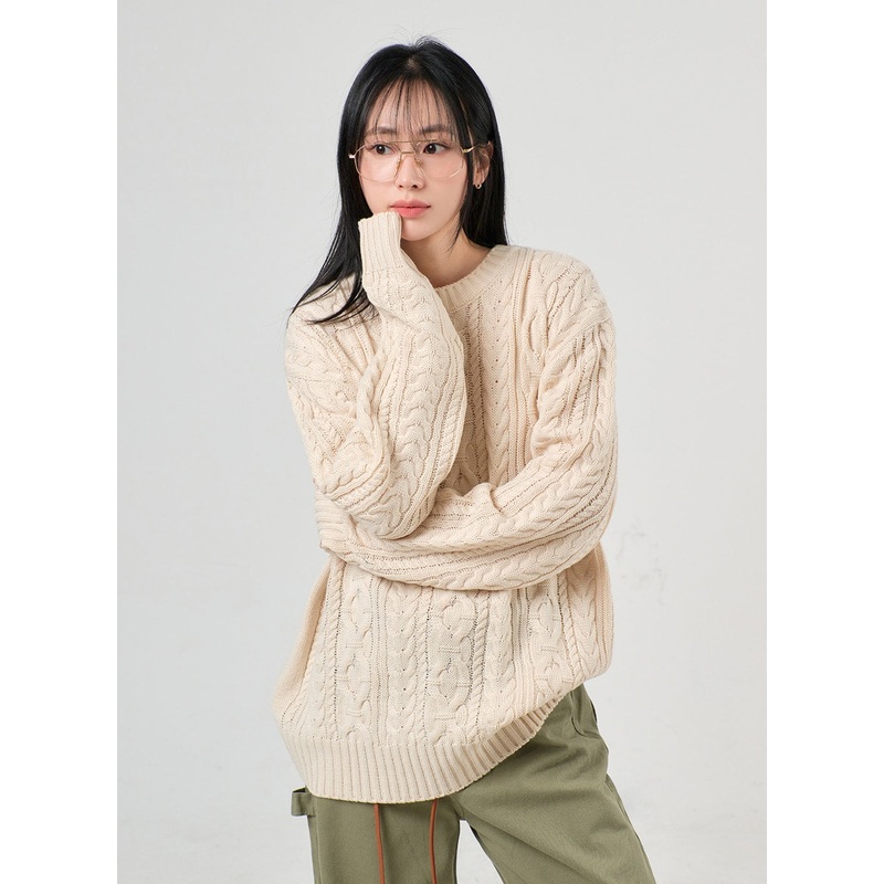 Cozy Cable Knit Sweater OF405|Light beige|Black|Dark blue|Light yellow|Purple|Blue|Dark green|M/L
