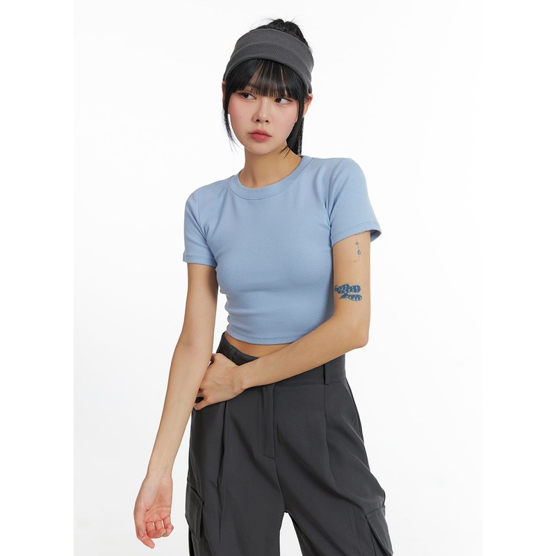 Crew Neck Slim Crop Top IF402|Light blue|White|Dark green|Gray|Black|S/M