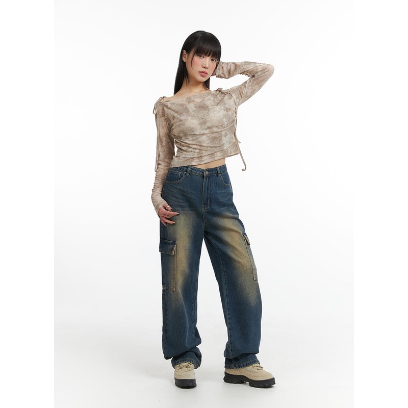 Denim High Waist Wide Leg Pocket Cargo Jeans IJ411