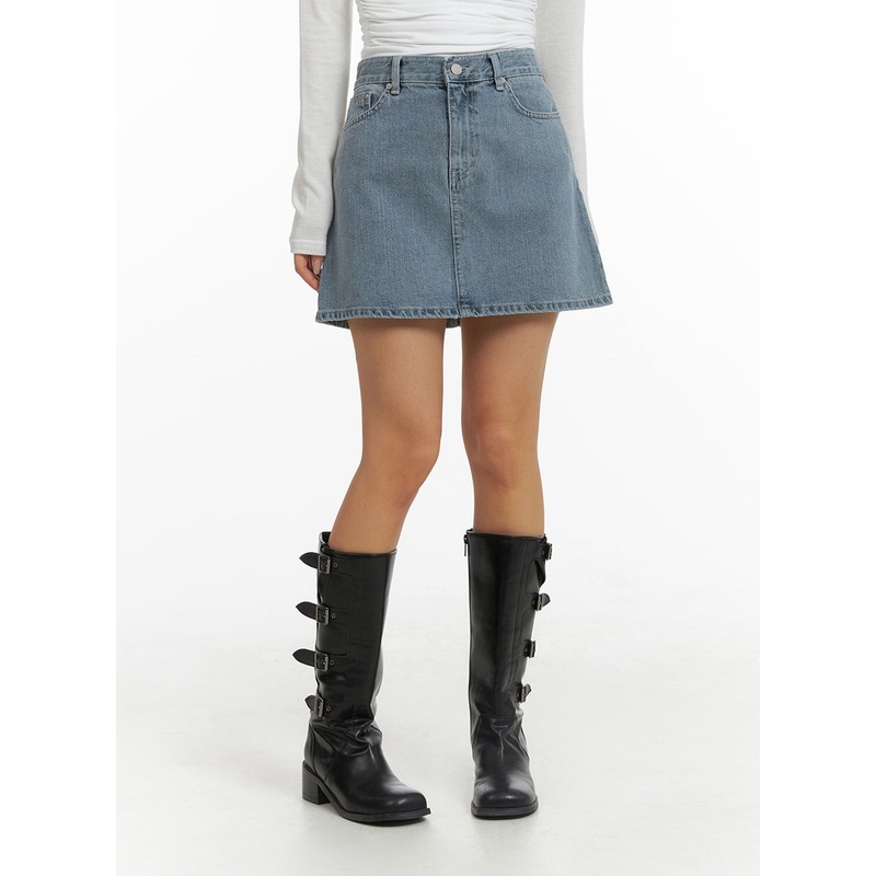 Denim Mid Waist Solid Skirt CJ429