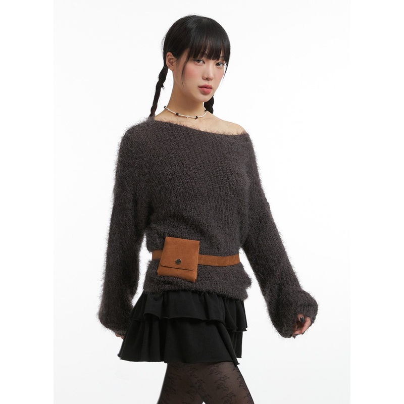 Fuzzy Boat Neck Knit Sweater IJ410