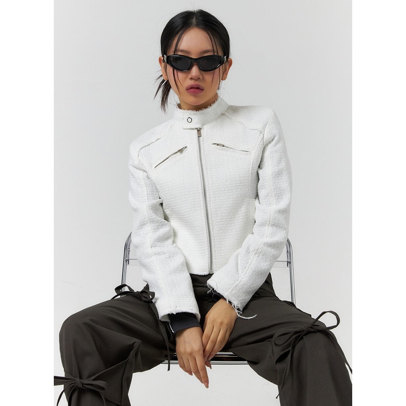 High Neck Tweed Zipper Biker Jacket CF401