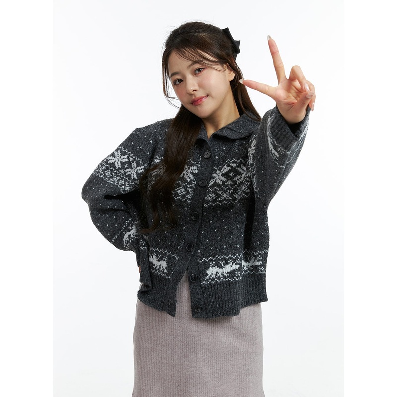 Knit Round Neck Graphic Button Cardigan OJ409