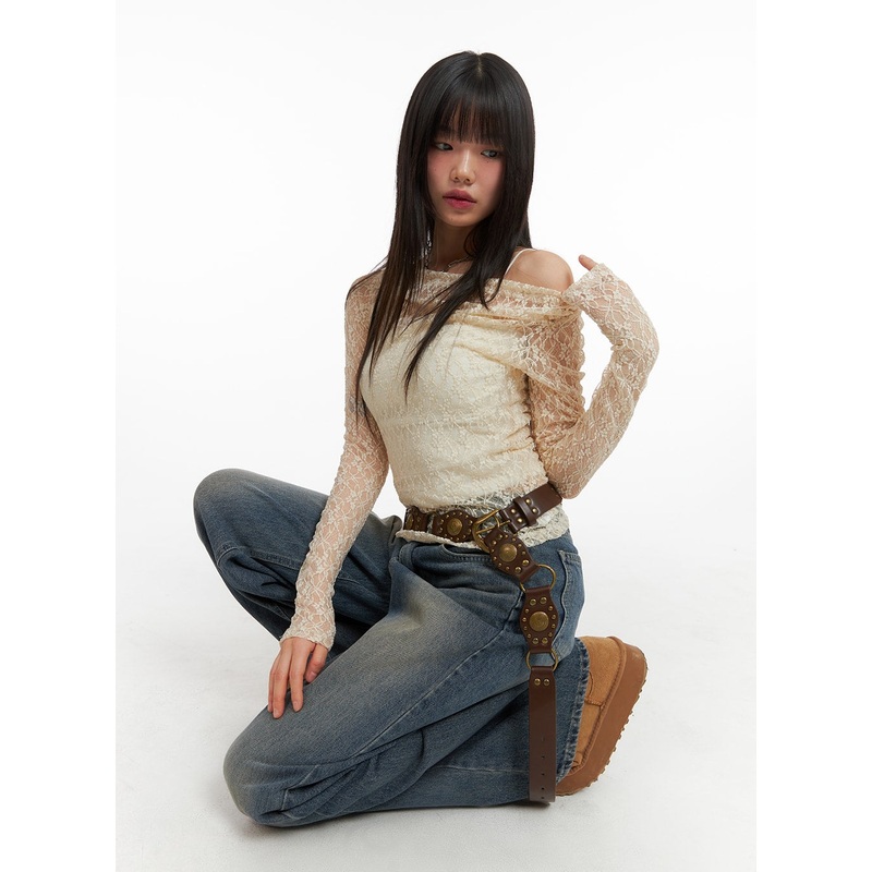 Lace Asymmetrical Floral Lace Long Sleeve Top CJ415