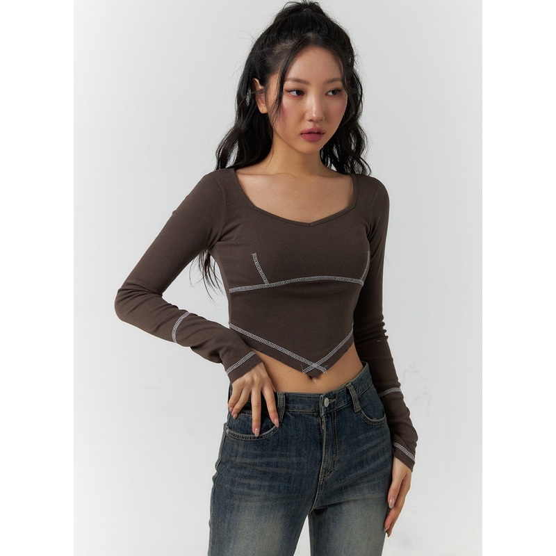 Long Sleeve Crop Top CF401|Dark brown|Black|White|S/M