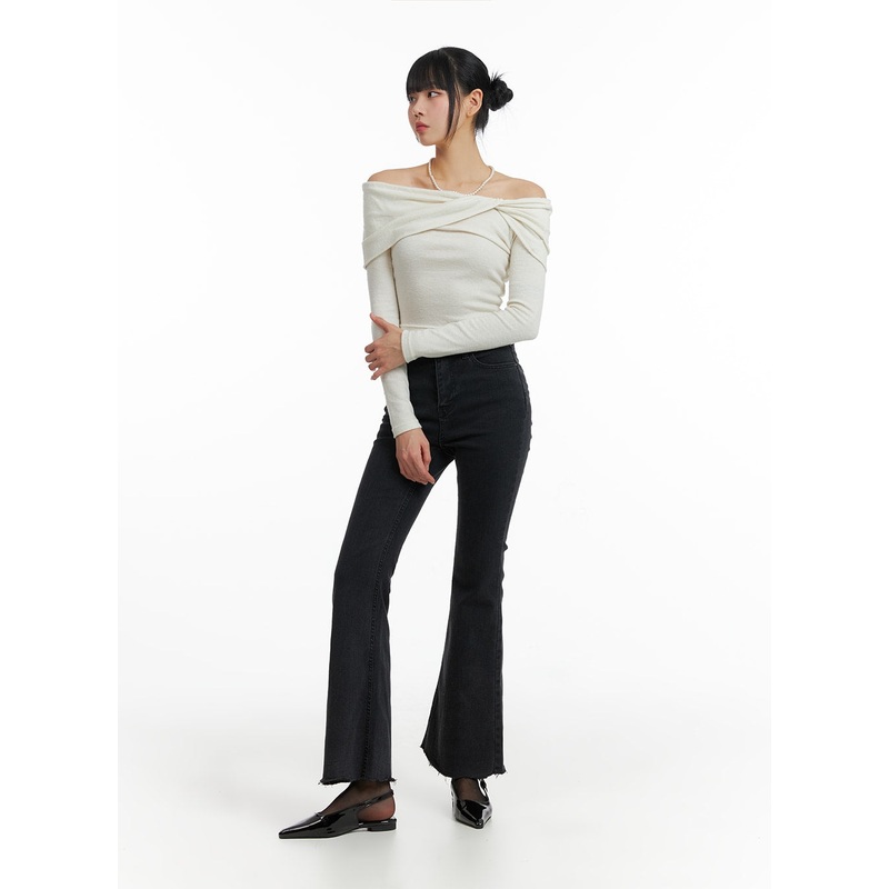 Mid Waist Button Flared Jeans IF402
