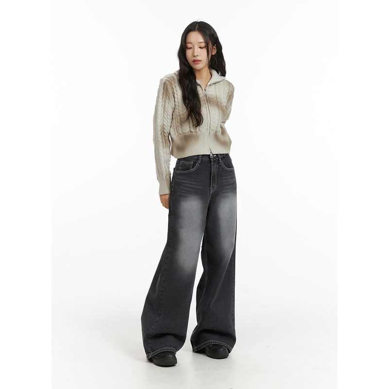 Mid Waist Washed Button Wide Leg Jeans CJ409