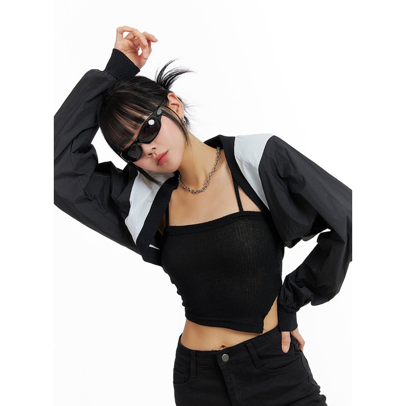 Nylon Bolero Top IF402|Black|Light green|S/M