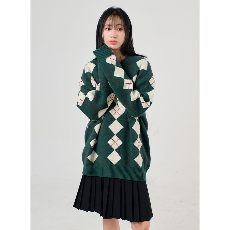 Oversized Argyle Knit Sweater OF405