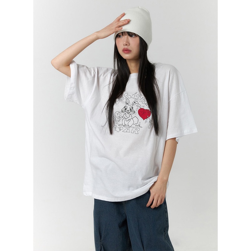 Oversized Graphic Tee CF406|White|Pink|Light yellow|Light gray|S/M