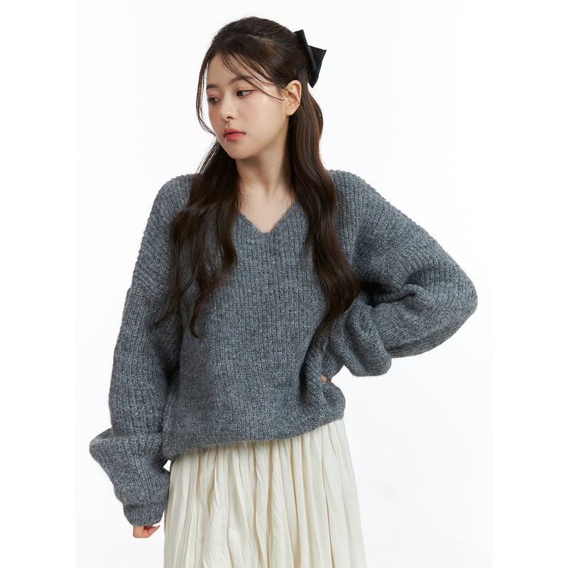 Oversized V-Neck Solid Long Sleeve Sweater OJ411