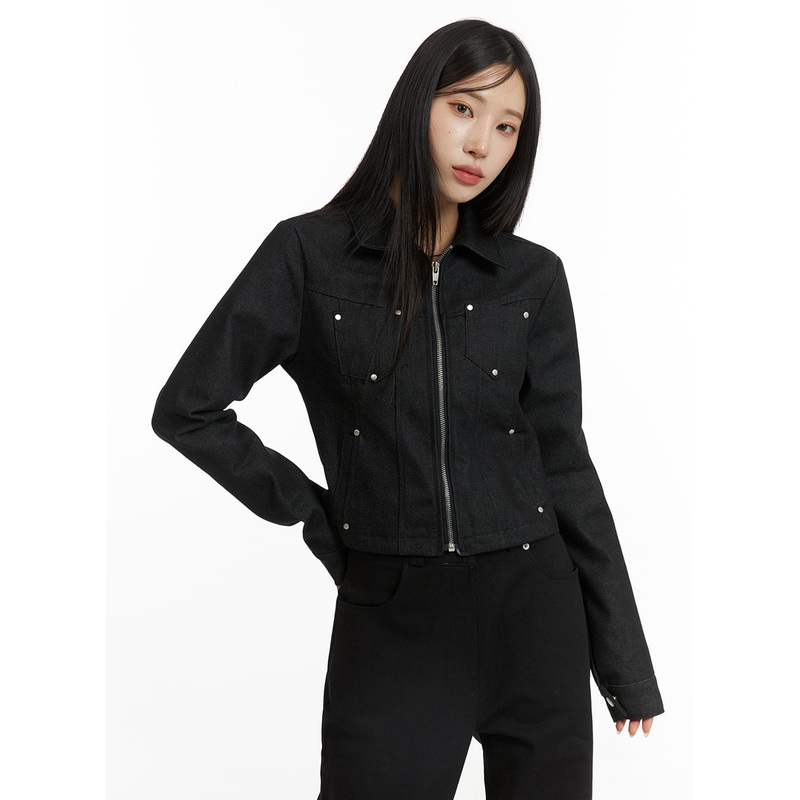 Rhinestone Zipper Denim Jacket CF401