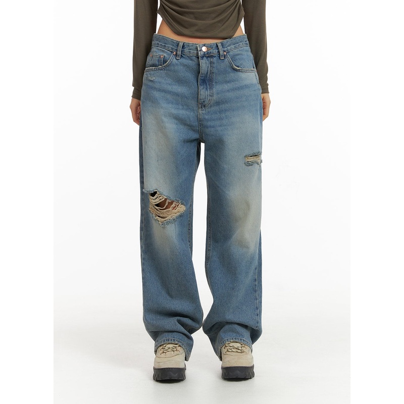 Ripped Washed Wide-Leg Jeans CJ426