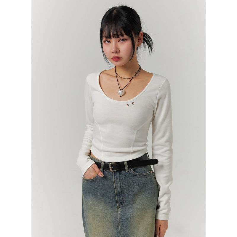 Slim U-Neck Crop Top CJ422|Light beige|Dark gray|Black|S/M