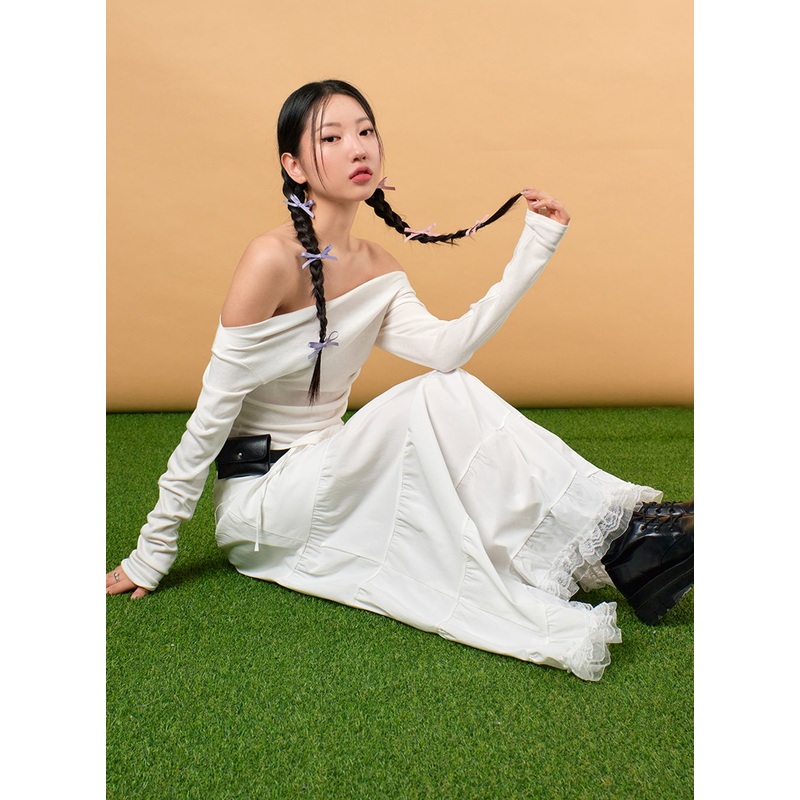 Solid Off-Shoulder Long Sleeve Top IJ430