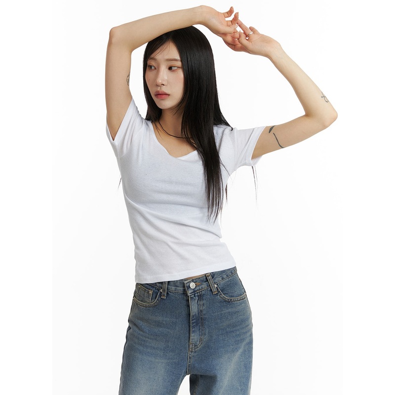 Solid Round Neck Short Sleeve Tee CF401