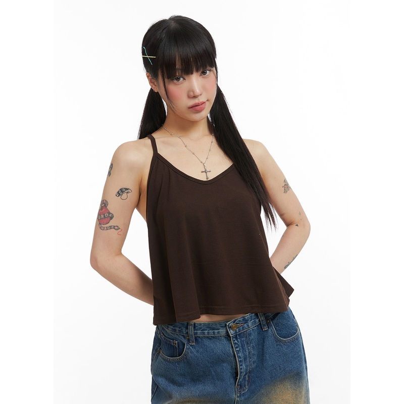 Solid V-Neck Cami Top IJ411|Dark brown|White|Dark green|Black|S/M