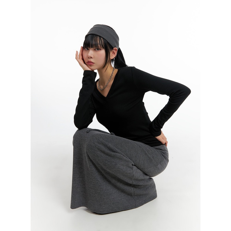 Solid V-Neck Long Sleeve IF402