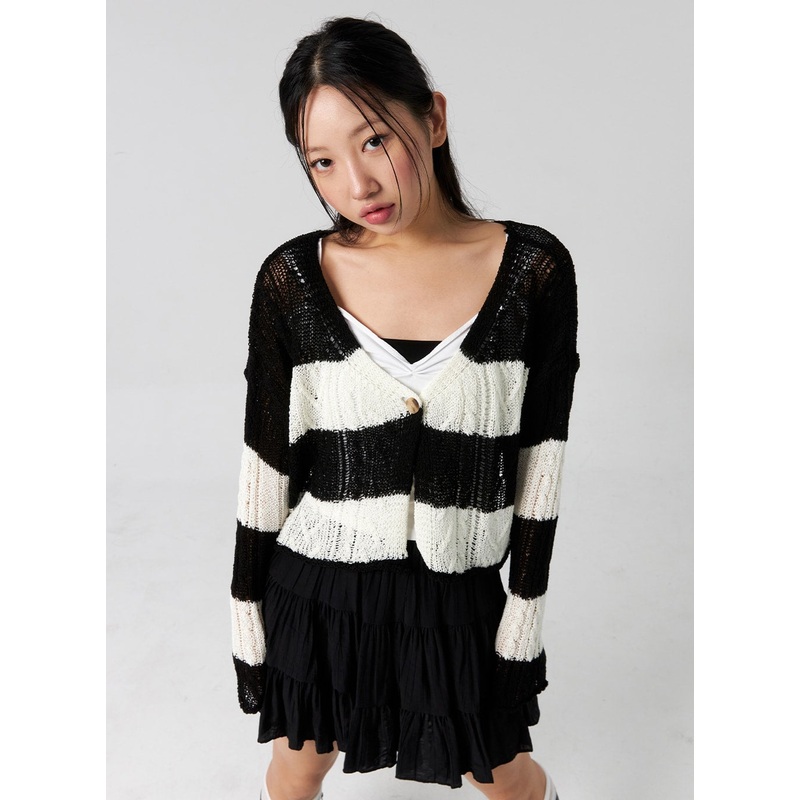 Stripe Cropped Cardigan CG303|Light beige|Light pink|Light blue|Brown|S/M