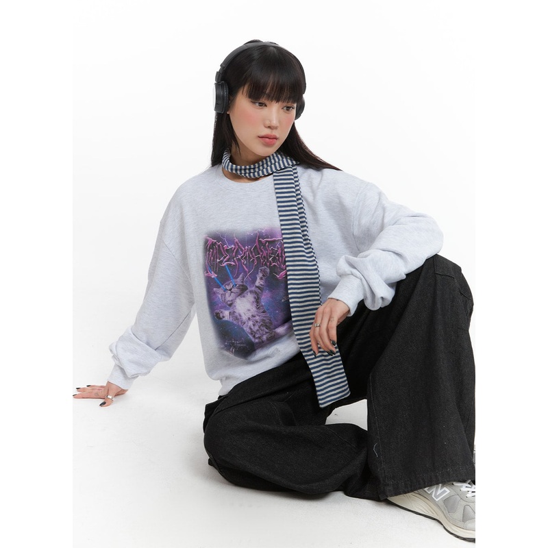 Terry Round Neckline Universal Cat Oversized Sweatshirt IJ411