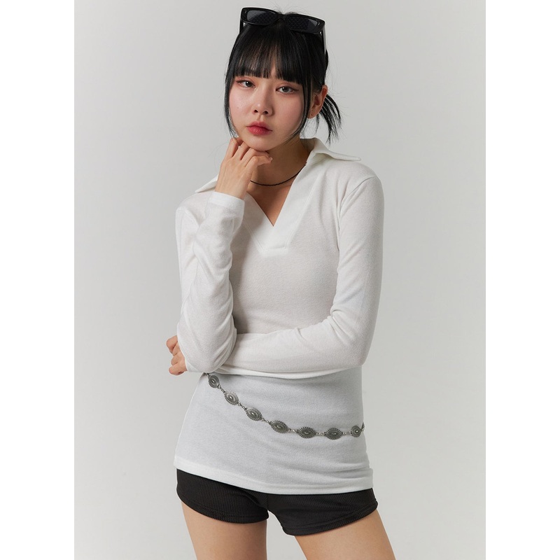 V-Neck Collar Long Sleeve Tee CJ419
