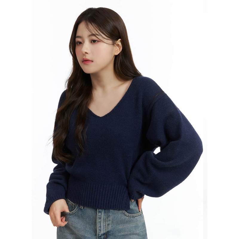 V-Neck Solid Sweater OJ411|Dark blue|Gray|Red|Beige|Light beige|Pink|S/M