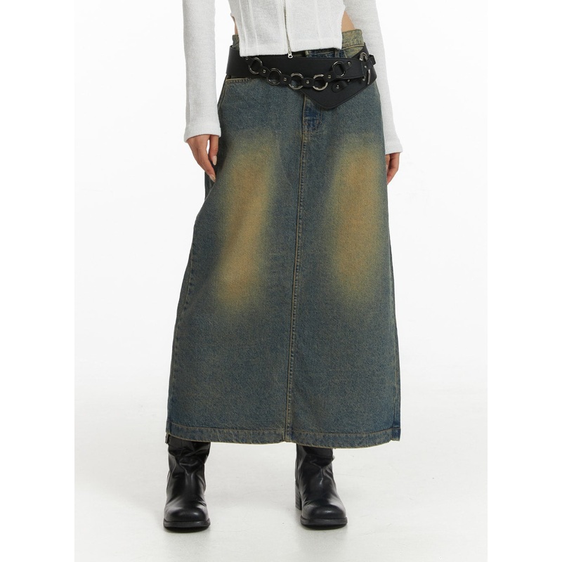 Vintage Washed Denim Maxi Skirt CJ431