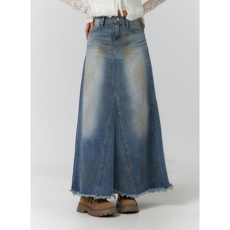 Vintage Washed Raw Hem Maxi Skirt CF405