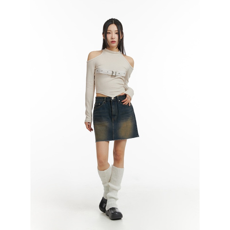 Washed Denim Mini Skirt CJ416|Dark blue|S|M|L