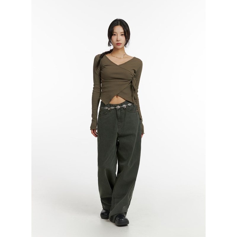 Washed Wide Fit Pants CJ416|Dark green|Dark red|S|M|L