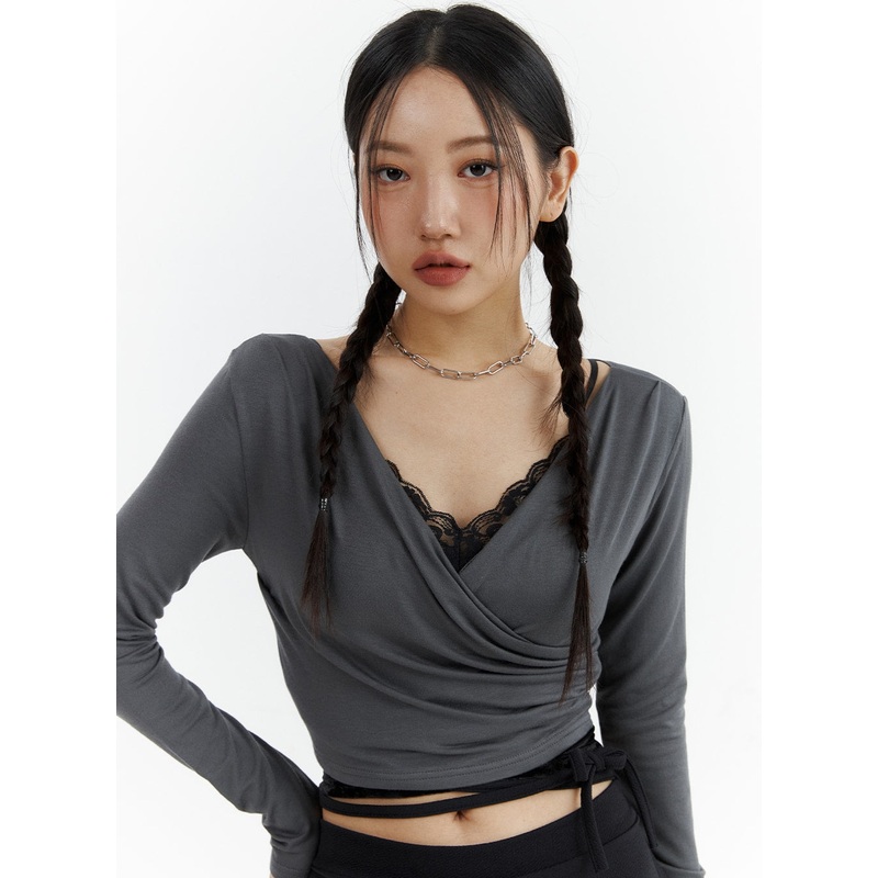 Wrap Crop Top CJ424|Dark gray|White|S/M