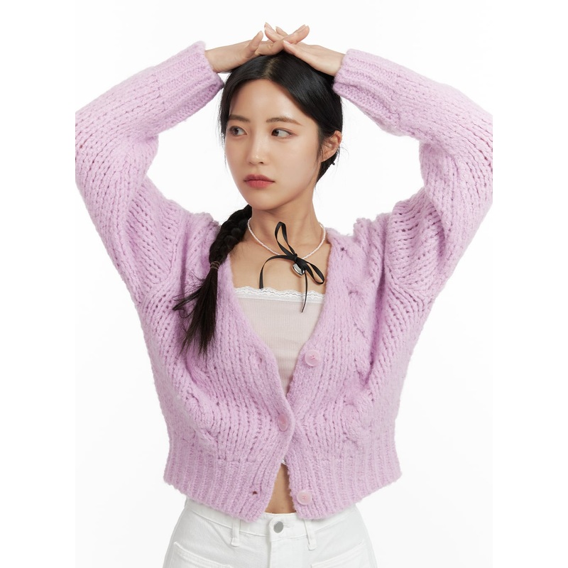 Cable Knit Solid Cardigan OF416