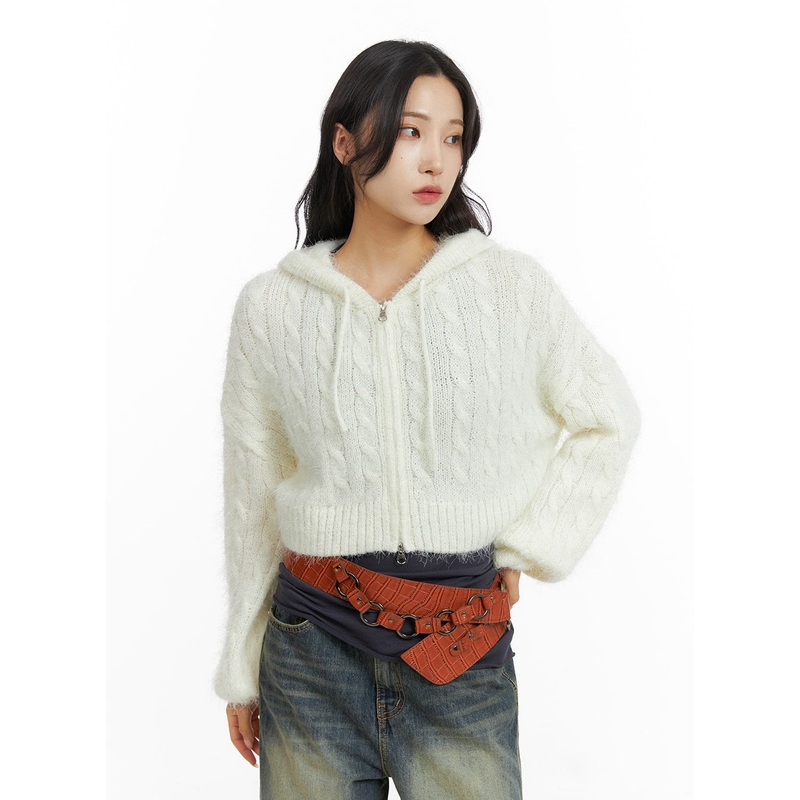 Cable Knit Zippered Hooded Cardigan CF416