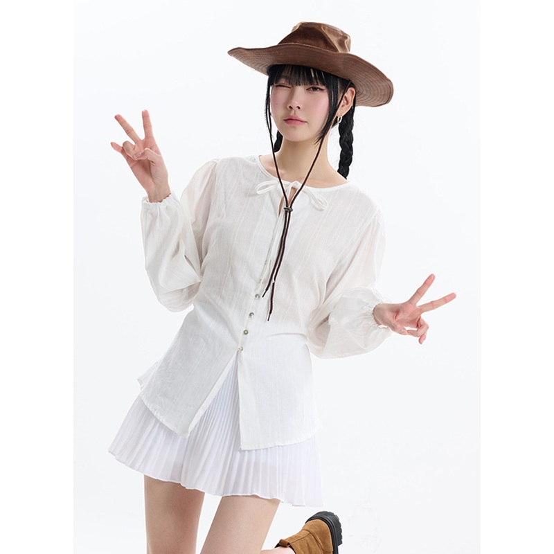 Collarless Bowknot Long Sleeve Blouse IF413