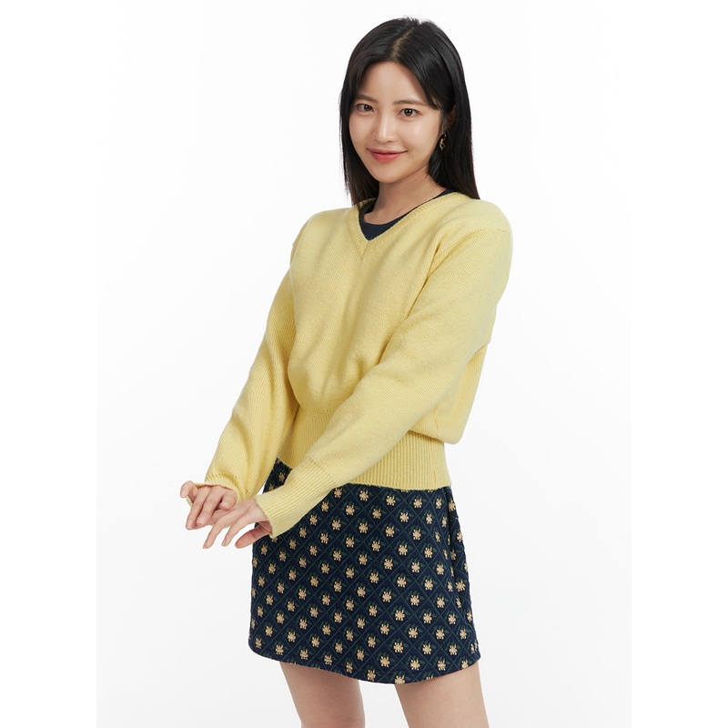 Cozy V-Neck Sweater OF416|Yellow|Light beige|Beige|S/M