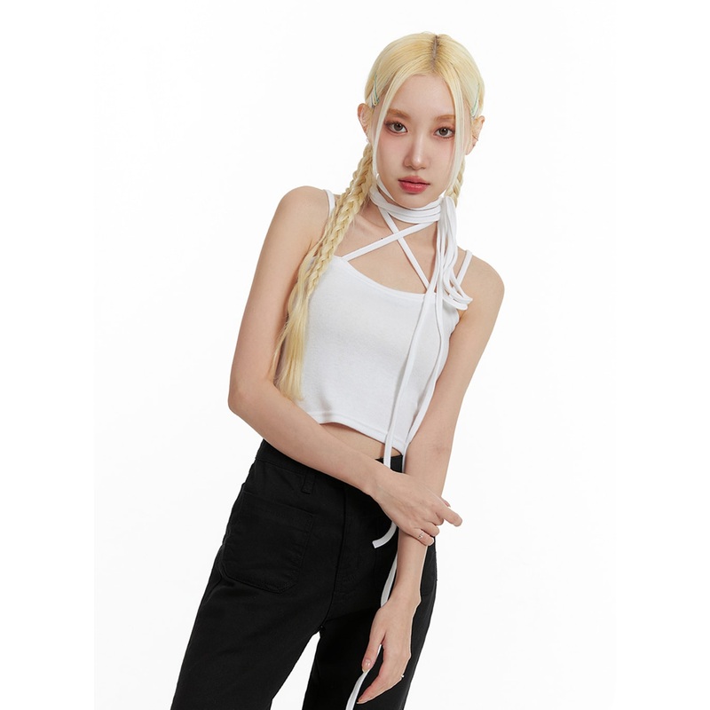 Drawstring Cami Top IF408|White|Light pink|Gray|Black|S/M
