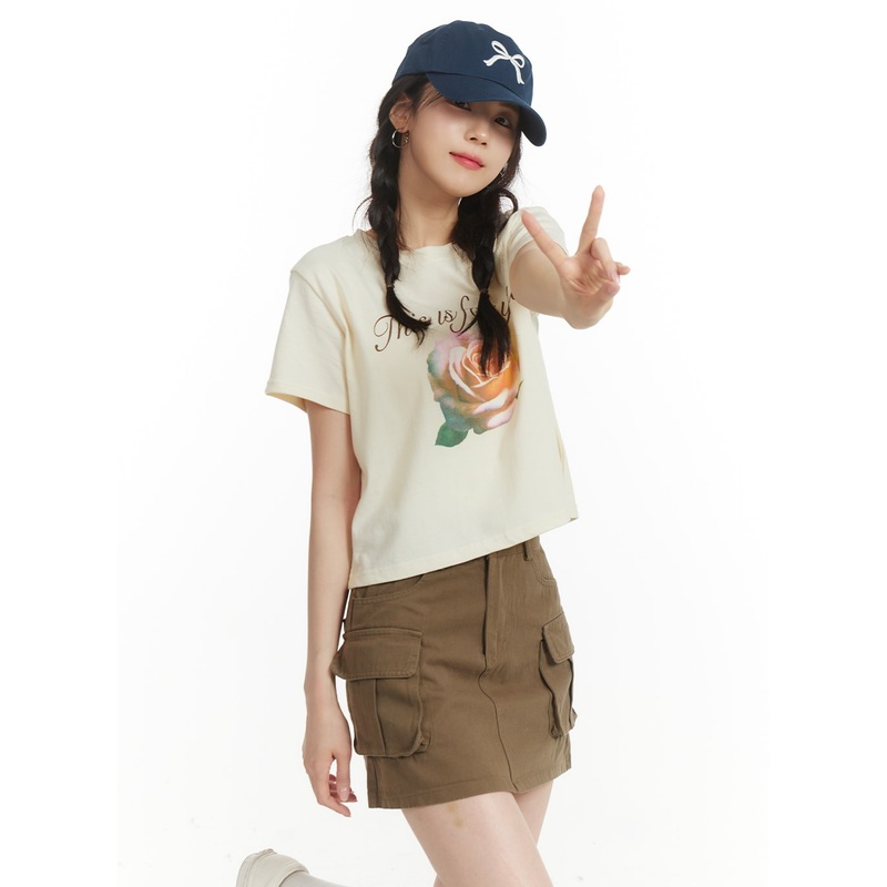 Flower Graphic Crop Tee OF427|Beige|White|S/M