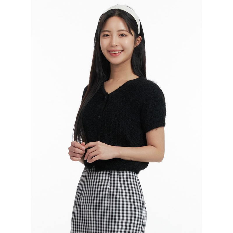 Fuzzy V-Neck Button Short Sleeve Sweater OF416