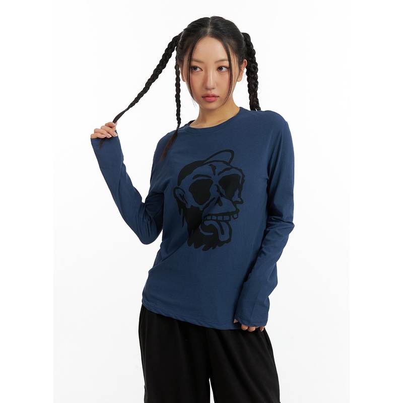 Graphic Long Sleeve Top IM405|Blue|White|Dark red|S/M