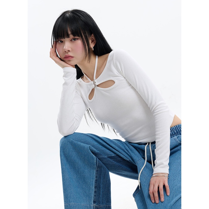 Halter Cut Out Crop Long Sleeve IF413